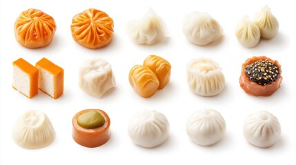 A group of dim sum icons including char siu bao, siu mai, and custard buns, arranged neatly, isolated on white