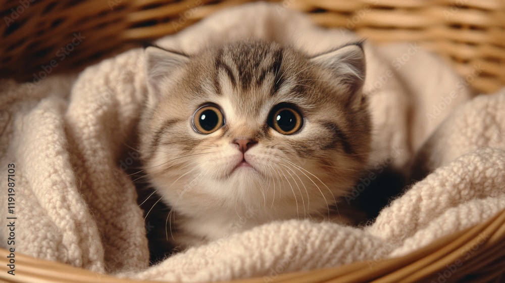 Poster a chubby kitten sitting in a basket filled with soft blankets, looking up with big, curious eyes and