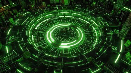 A futuristic green circuit design resembling a digital landscape or technology interface.
