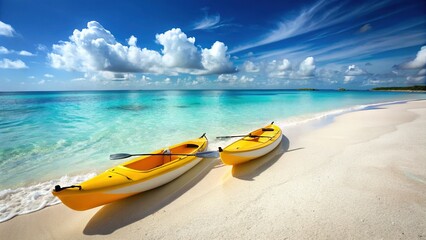 Obraz premium Caribbean Beach Kayaks: Sun-Kissed Sand, Turquoise Waters, Idyllic Escape
