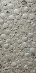 A close-up view of various seashells arranged on a surface.