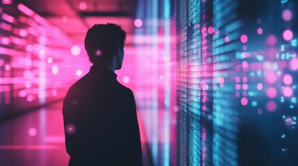 A silhouette facing a glowing digital neon wall with blue and pink lights in a futuristic setting