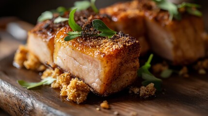 A close-up of perfectly crispy pork belly, showcasing its golden-brown crackling skin and succulent meat, served on a rustic wooden plate.