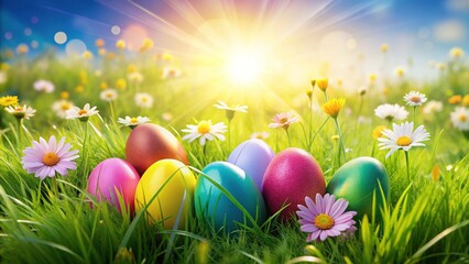 Colorful Easter Eggs in Spring Meadow