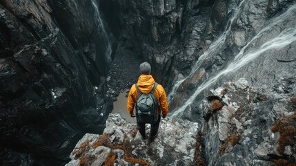 Man in yellow jacket stands at cliff edge overlooking a waterfall. Perfect for travel, adventure, and nature themes.