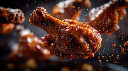 A dynamic arrangement of crispy fried chicken drumsticks appears to float against a deep red background.