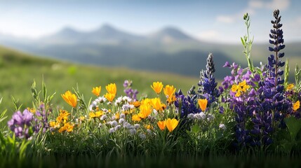 Obraz premium Vibrant wildflowers bloom brightly against a softly blurred mountain backdrop. AI Generated
