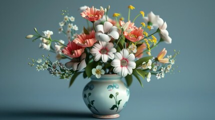 A vibrant floral arrangement in a decorative vase, showcasing various colorful flowers.