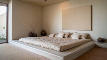 A cozy minimalist bedroom with a low-profile bed, simple bedding, and a large piece of art on the wall, showcasing an uncluttered and peaceful atmosphere.