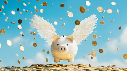 Ethereal piggy bank with angel wings surrounded by flying coins, symbolizing savings and prosperity. This whimsical scene evokes feelings of joy and abundance
