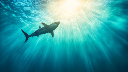 Obraz premium Shark swimming underwater with sunlight filtering through ocean surface, creating serene and captivating scene. majestic creature glides gracefully in its natural habitat