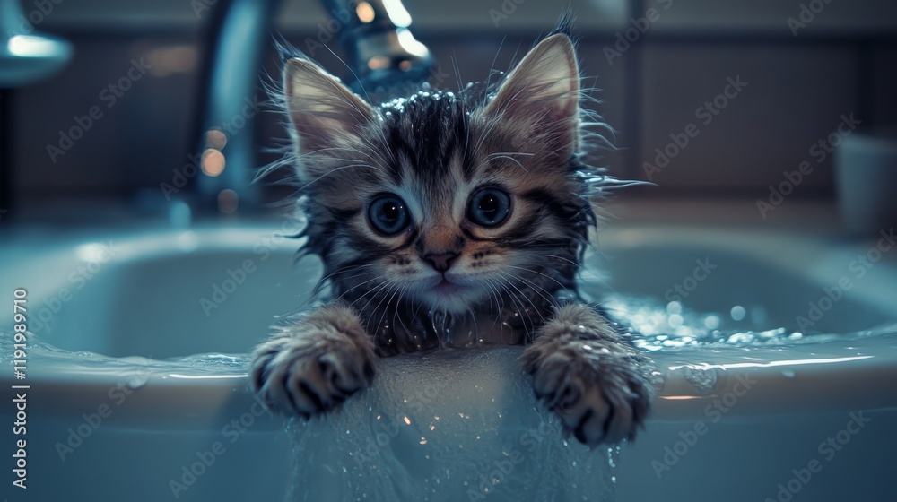 Poster a cute, drenched kitten sitting in a sink with a gentle stream of water flowing, its tiny paws resti