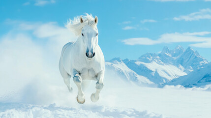 Obraz premium Majestic grey stallion galloping through deep snow under clear blue sky, showcasing its strength and grace against stunning mountain backdrop