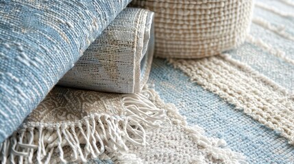A close-up of rolled rugs showcasing textured patterns and colors for home decor.