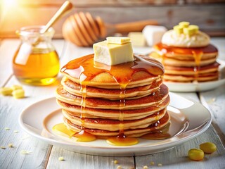 Delicious Golden Pancakes with Honey and Butter - Stack of Fluffy Pancakes