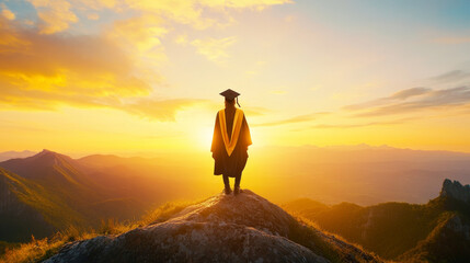 Obraz premium Graduation attire, sunset, mountain view, silhouette, achievement, celebration, horizon, nature, success, proud moment