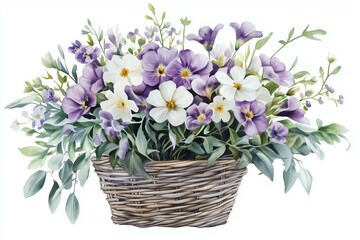 Obraz premium Basket of purple and white flowers with leaves.