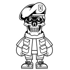 Mascot character design cartoon skull military beret outline