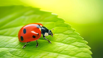 Close-up of a red ladybug with black spots resting on a green leaf