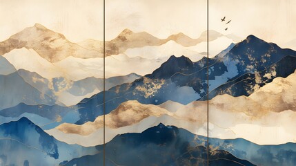 Gold and blue abstract mountain landscape wall art panels, conveying elegance and serenity