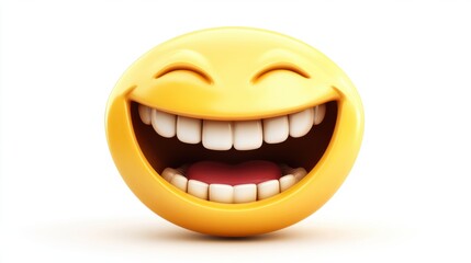 Fototapeta premium A cheerful yellow smiley face emoji with a wide grin, isolated on a clean white background