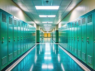 Fototapeta premium Empty School Hallway Teal Lockers - Bright, Sharp, American School Interior Photography