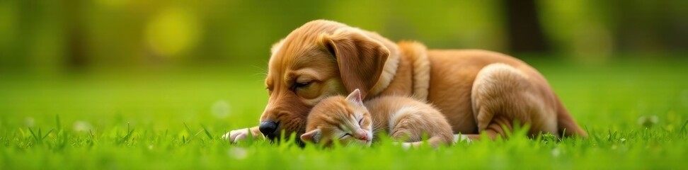 Gentle sleeping Bordeaux puppy cradles newborn kitten in a warm hug on soft green lawn, animals, puppy