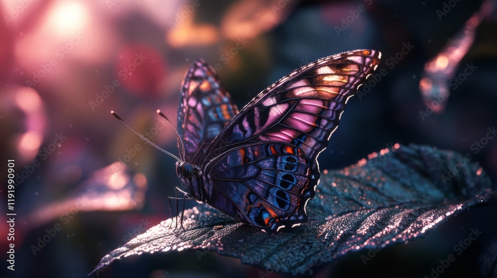 Poster a macro shot of a butterfly resting on a leaf, with intricate wing patterns and vivid colors, captur
