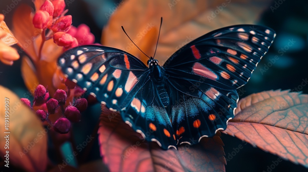 Poster a macro shot of a butterfly resting on a leaf, with intricate wing patterns and vivid colors, captur