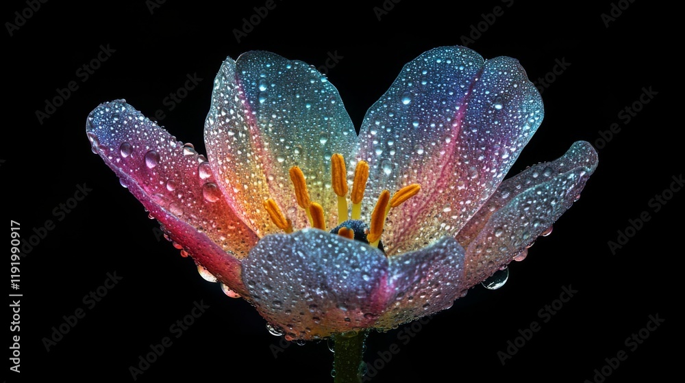 Poster a macro shot of a colorful flower with drops of dew, highlighting the contrast between the vibrant c