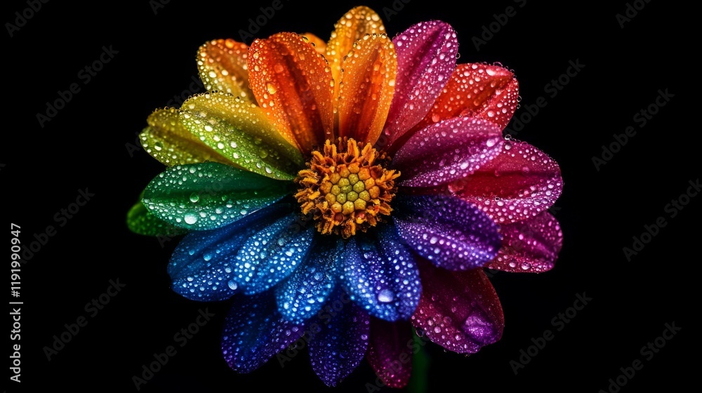 Poster A macro shot of a colorful flower with drops of dew, highlighting the contrast between the vibrant colors and the transparent droplets, evoking a sense of freshness.