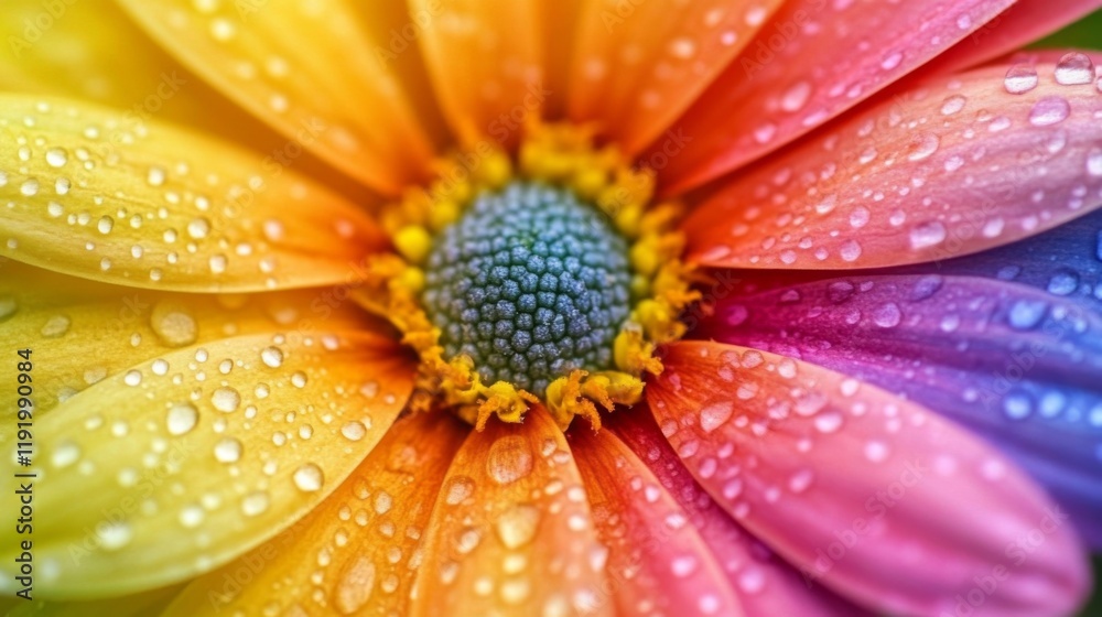 Poster a macro shot of a colorful flower with drops of dew, highlighting the contrast between the vibrant c