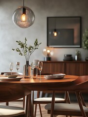 Mid-Century Modern Dining Room with Warm Lighting  