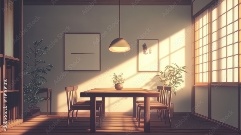Poster a modern minimalist dining area with a simple wooden table, elegant chairs, and a statement pendant 