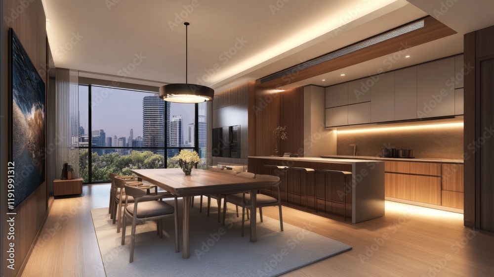 Poster a modern minimalist dining area with a simple wooden table, elegant chairs, and a statement pendant 