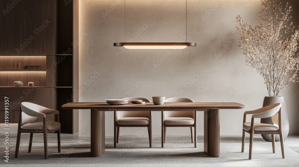 Poster a modern minimalist dining area with a simple wooden table, elegant chairs, and a statement pendant 