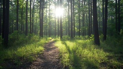 Obraz premium Sunlit forest path, morning mist, peaceful nature scene, ideal for travel or nature publications