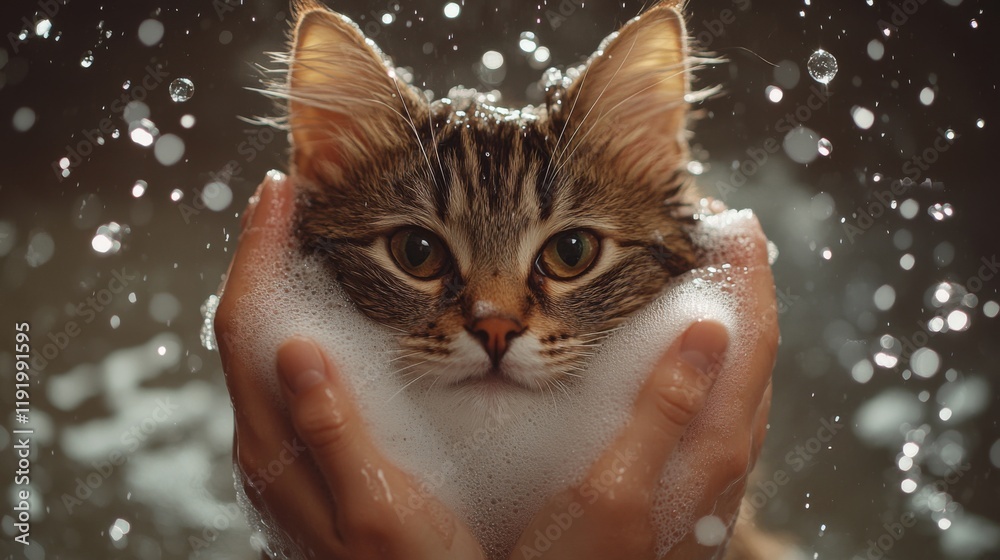Poster a pair of hands gently washing a cat with a soft sponge, the cat looking calm yet curious, surrounde