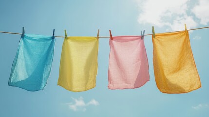 Four colorful cloths hang on a line, drying in the sun. Perfect for blogs about laundry, spring, or clean living.