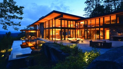 Fototapeta premium A nighttime view of a modern house with warm interior lighting glowing through expansive glass walls, highlighting the harmony between indoor and outdoor living.