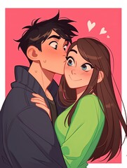 Cute cartoon couple in love, woman kissing man on cheek, simple lines, minimalistic design, pastel colors, dark blue coat, green shirt, minimal background with white border.