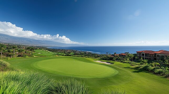 Oceanfront golf course putting green; lush landscape. Ideal for luxury real estate, travel, and leisure websites.