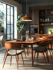Fototapeta premium Mid-Century Modern Dining Room with Warm Lighting 