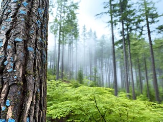 Obraz premium Misty Forest Trail Lush green undergrowth softly illuminates tall pines bathed in ethereal light. AI Generated