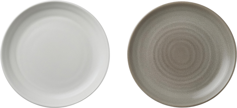 Two Empty Ceramic Dinner Plates White and Grey Top View Studio Shot