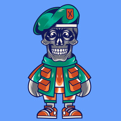Mascot character design cartoon skull military beret