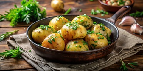 Hearty boiled potato with fresh herbs on top in a cast iron pan, potato, kr?uter, potato, kr?uter
