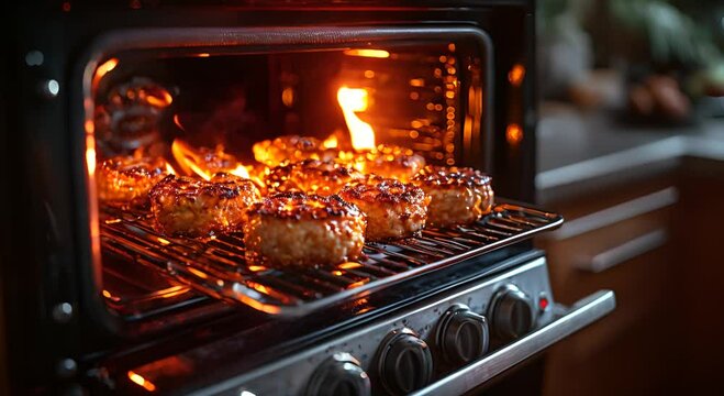 A close-up of a broiler oven with grilled patties, showcasing flames and cooking process.