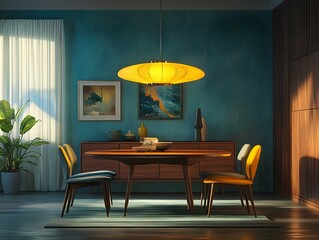 Mid-Century Modern Dining Room with Warm Lighting  