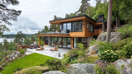 Naklejka premium A scenic view of a contemporary Nordic house with a wooden facade and expansive glass doors opening to a lush garden, blending architecture with nature seamlessly.